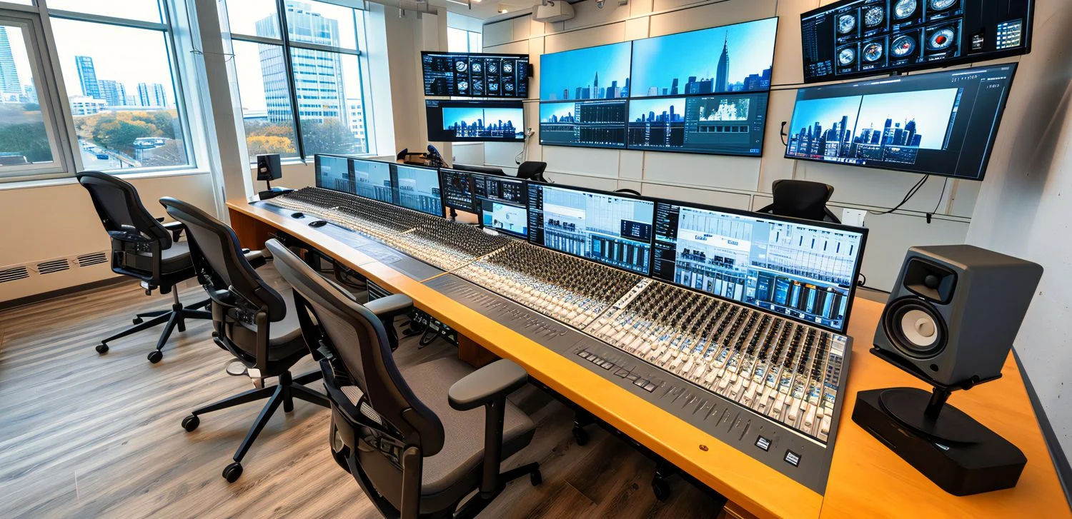 A media & broadcast production studio with multi view, studio speakers, audio mixer, and broadcast furniture.