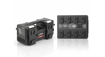 SWIT MATRIX-S8 8-channel fast charger and PC-P461S 4-channel rapid charger for professional broadcast batteries.